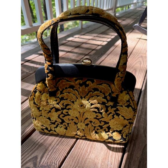 Vintage 1960's Gold Floral Tapestry Cut Chenille Handbag - Picture 4 of 9